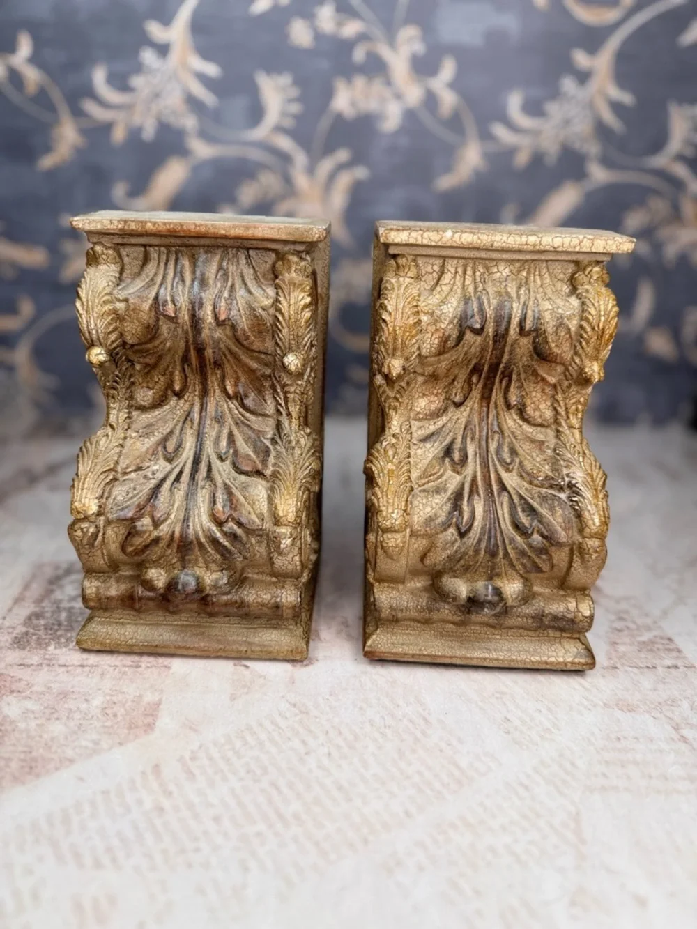Vintage Ornate Bookends Faux Bois Resin Wood Gilt Scroll Pair